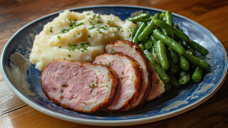 Savor a delicious plate featuring succulent pork alongside creamy mashed potatoes and vibrant green beans. Perfect for any dinner setting.の素材