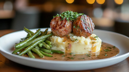 A beautifully presented dish featuring meatballs on creamy mashed potatoes with green beans. Perfect for a gourmet dining experience.の素材