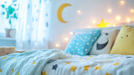 This cozy bedroom features star and moon decor, soft pillows, and warm lighting. A perfect space for relaxation and inspiration, creating a cheerful atmosphere.の素材