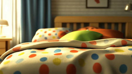 A cozy bedroom scene featuring colorful polka dot bedding and soft pillows. The warm light creates a serene atmosphere, perfect for relaxation and comfort.の素材