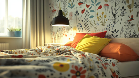 A cozy bedroom scene featuring colorful bedding and a floral wallpaper design. The natural light streaming through the window creates a warm and inviting atmosphere perfect for relaxation.の素材
