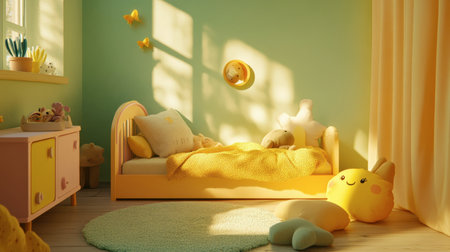 A warm and inviting child's bedroom featuring soft yellow and green hues. The cozy space includes plush toys, bright decor, and playful sunlight.の素材
