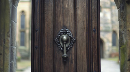 Close-up view of an ornate wooden door featuring a vintage knob, set against a peaceful outdoor backdrop, showcasing craftsmanship and architectural beauty.の素材