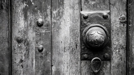 Close-up of a vintage wooden door featuring an old lock and knob, highlighting the rustic textures and details of aged wood and metal craftsmanship.の素材