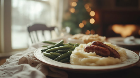 A comforting dinner plate featuring sausage, mashed potatoes, and green beans. The warm ambiance, with festive decor, enhances the cozy meal setting.の素材