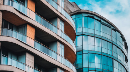 An eye-catching combination of glass and concrete architecture, showcasing modern designs with curved and angular features against a blue sky.の素材