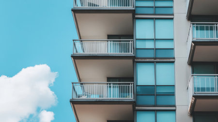 A contemporary apartment building featuring balconies and large glass windows against a clear blue sky, showcasing modern urban living and architectural design.の素材