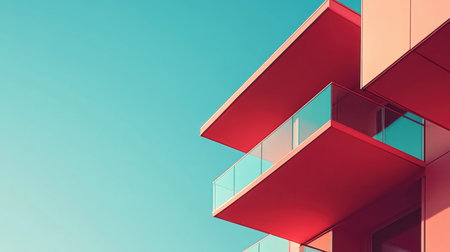 A striking modern building featuring colorful balconies and sleek glass accents, set against a clear blue sky, showcasing contemporary architectural design.の素材