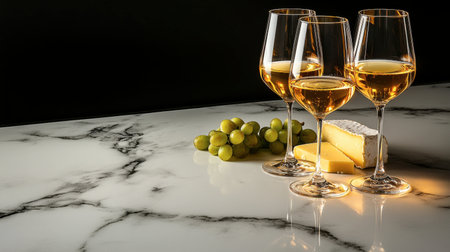 Delight in an elegant display of white wine and cheese, complemented by fresh grapes on a luxurious marble table. Perfect for gatherings and celebrations.の素材