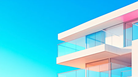 A stunning modern architectural design featuring a sleek balcony against a clear blue sky, showcasing minimalist elegance and inviting outdoor space.の素材
