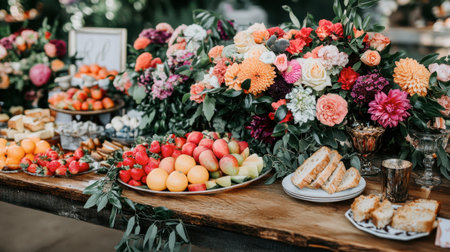 A stunning display of vibrant flowers and fresh fruits on a rustic table, perfect for celebrations or events, showcasing nature's beauty and culinary delights.の素材