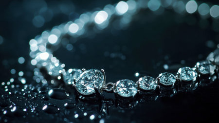 A close-up view of a stunning diamond bracelet resting on a wet surface. The piece showcases exquisite details and sparkling brilliance, emphasizing luxury and elegance in jewelry design.の素材