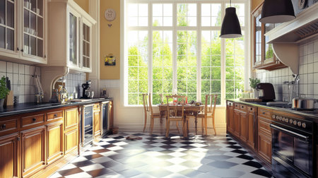 A bright and spacious classic kitchen featuring wooden cabinets and a dining area. The large windows allow natural light and provide a cozy atmosphere.の素材