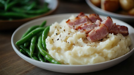 A delicious plate of creamy mashed potatoes topped with crispy bacon, served alongside fresh green beans, making for a comforting and hearty meal.の素材