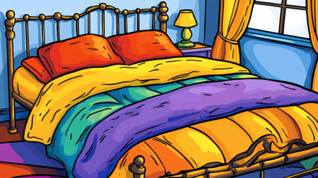 A vibrant and cozy bedroom featuring a colorful bed with plush pillows and blankets, warm light illuminating the room, creating a cheerful atmosphere.の素材