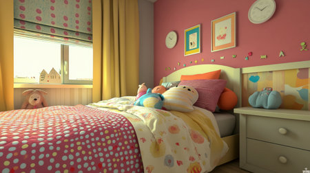 A vibrant and cozy child's bedroom featuring bright decor, playful toys, and cheerful colors. Perfect for inspiring creativity and comfort in a youthful space.の素材