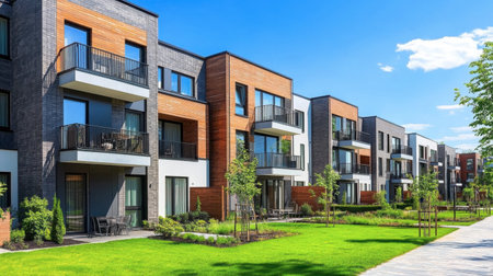 A vibrant image showcasing modern residential buildings surrounded by lush greenery. The bright blue sky complements the stylish architecture and inviting outdoor spaces.の素材
