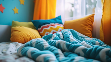 A vibrant and cozy bedroom scene featuring a colorful blanket and bright pillows, designed to create a cheerful and inviting atmosphere for relaxation.の素材