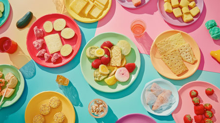 A vibrant tabletop display featuring a colorful assortment of snacks and desserts on round plates. Perfect for summer gatherings and celebrations.の素材