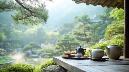 Experience tranquility with a serene tea setting amidst lush greenery, showcasing a beautiful blend of nature and traditional tea culture in a peaceful garden.の素材
