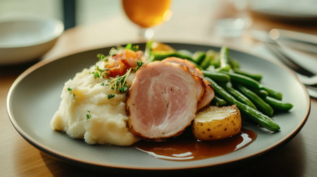 A beautifully plated meal featuring tender chicken, creamy mashed potatoes, and vibrant green beans, perfect for a cozy dining experience.の素材