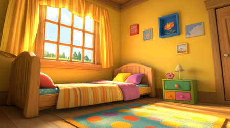 A charming children's bedroom featuring bright colors, sunlight streaming through a large window, and cheerful decor that creates a cozy atmosphere.の素材