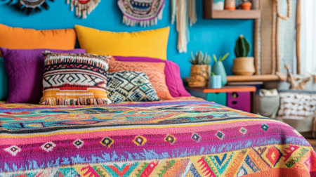 This vibrant bohemian bedroom features colorful textiles, decorative pillows, and stylish wall art, creating a cozy and inviting atmosphere for relaxation.の素材