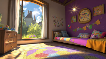 A colorful kids room featuring a cozy bed, playful decor, and bright sunlight streaming through a window, creating a cheerful and inviting space.の素材