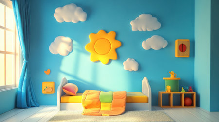 A bright and cheerful child's bedroom featuring a blue wall with sun and cloud designs, cozy bedding, and colorful decor elements for an inviting atmosphere.の素材