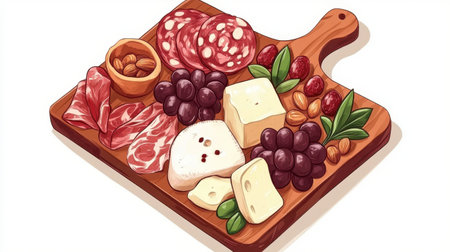 A vibrant charcuterie board featuring a selection of meats, cheeses, fruits, and nuts, perfect for gatherings and celebrations. Ideal for sharing.の素材