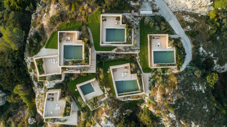 A stunning aerial view of modern eco-friendly villas nestled in a scenic landscape, featuring private pools and greenery for a luxurious getaway experience.の素材