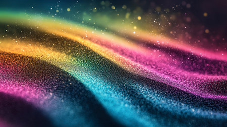 This vibrant abstract image features colorful waves with sparkling particles. Perfect for digital art, backgrounds, and creative projects, it conveys a sense of motion and energy.の素材