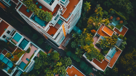 An aerial view showcasing modern urban buildings integrated with lush green roofs and gardens, blending nature with city life in a vibrant urban landscape.の素材