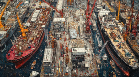 An aerial view of a bustling shipyard showcasing multiple vessels under construction, surrounded by towering cranes and ongoing maritime operations.の素材