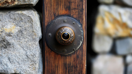 An elegant rustic door knob made of metal set against a textured stone wall. This closeup captures the charm and unique details of the entrance.の素材