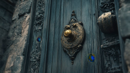 This image showcases an antique door featuring an ornate brass knob and detailed woodwork, capturing the essence of vintage architecture and craftsmanship.の素材
