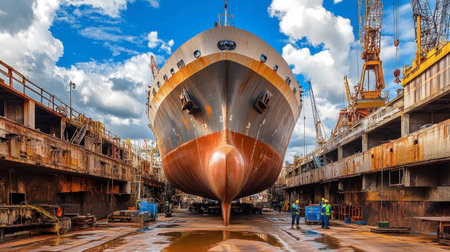 A large ship stands in a shipyard under repair, surrounded by workers and heavy machinery. The scene captures the industrial atmosphere of maritime maintenance.の素材