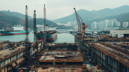 A panoramic view of an industrial shipyard featuring cranes, boats, and mountains in the background. The scene captures the essence of marine construction and logistics.の素材