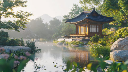 A serene garden scene featuring a traditional pavilion beside a tranquil lake. The misty surroundings and lush greenery create a peaceful atmosphere for relaxation.の素材