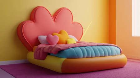 A vibrant and playful bed design features a unique headboard and colorful bedding, creating a cozy atmosphere perfect for modern bedroom decor.の素材