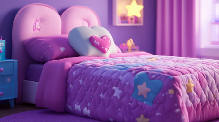 A cozy bedroom featuring pastel decor, a soft quilt, and a heart-shaped pillow. Perfect for creating a cheerful and inviting atmosphere.の素材