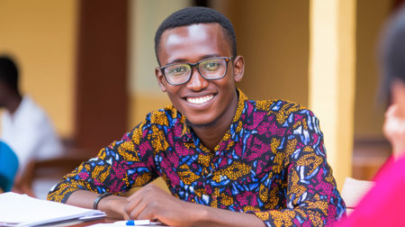 A cheerful young student in a vibrant shirt sits outdoors, exuding happiness and confidence while engaging in study. A perfect representation of youth and positivity.の素材