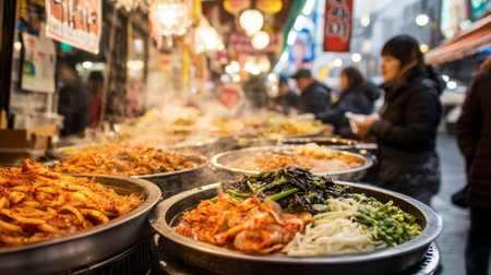 A lively street food market featuring an array of colorful and aromatic dishes. Smoke rises from various stalls, showcasing fresh ingredients and traditional cooking methods, inviting all to explore diverse flavors.の素材