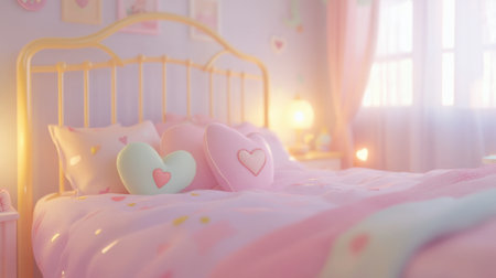 A charming pastel bedroom with soft bedding and heart-shaped cushions, creating a serene and inviting atmosphere perfect for relaxation and comfort.の素材
