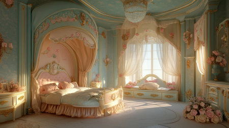 A beautifully designed pastel bedroom featuring elegant floral decor, soft sunlight streaming through sheer curtains, and a peaceful, luxurious ambiance.の素材