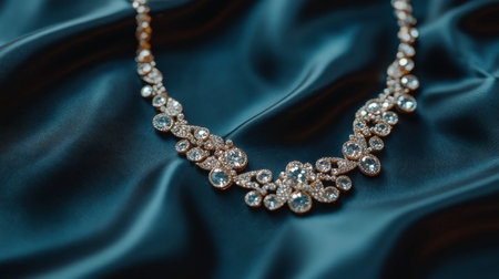 An elegant necklace featuring sparkling diamonds is beautifully showcased on a satin surface, highlighting its luxurious design and intricate craftsmanship.の素材