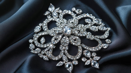 This stunning silver brooch features intricate designs and sparkling gemstones, resting elegantly on dark satin fabric, perfect for highlighting luxury and style.の素材
