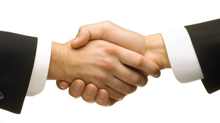 A close-up of two hands engaging in a handshake, symbolizing agreement and collaboration in a professional setting. Ideal for business-related themes.の素材
