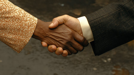 A close-up of two hands shaking, symbolizing partnership and unity. This image conveys respect and cooperation in a professional or personal context, emphasizing trust.の素材
