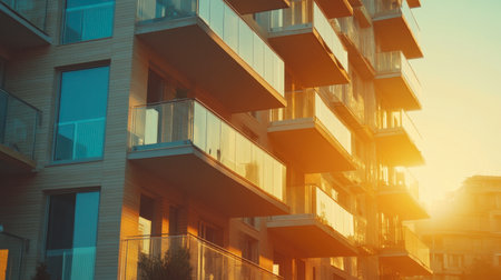 A modern apartment building features sleek balconies and large glass windows, illuminated by warm sunset light. This urban residential scene captures contemporary living with elegance.の素材